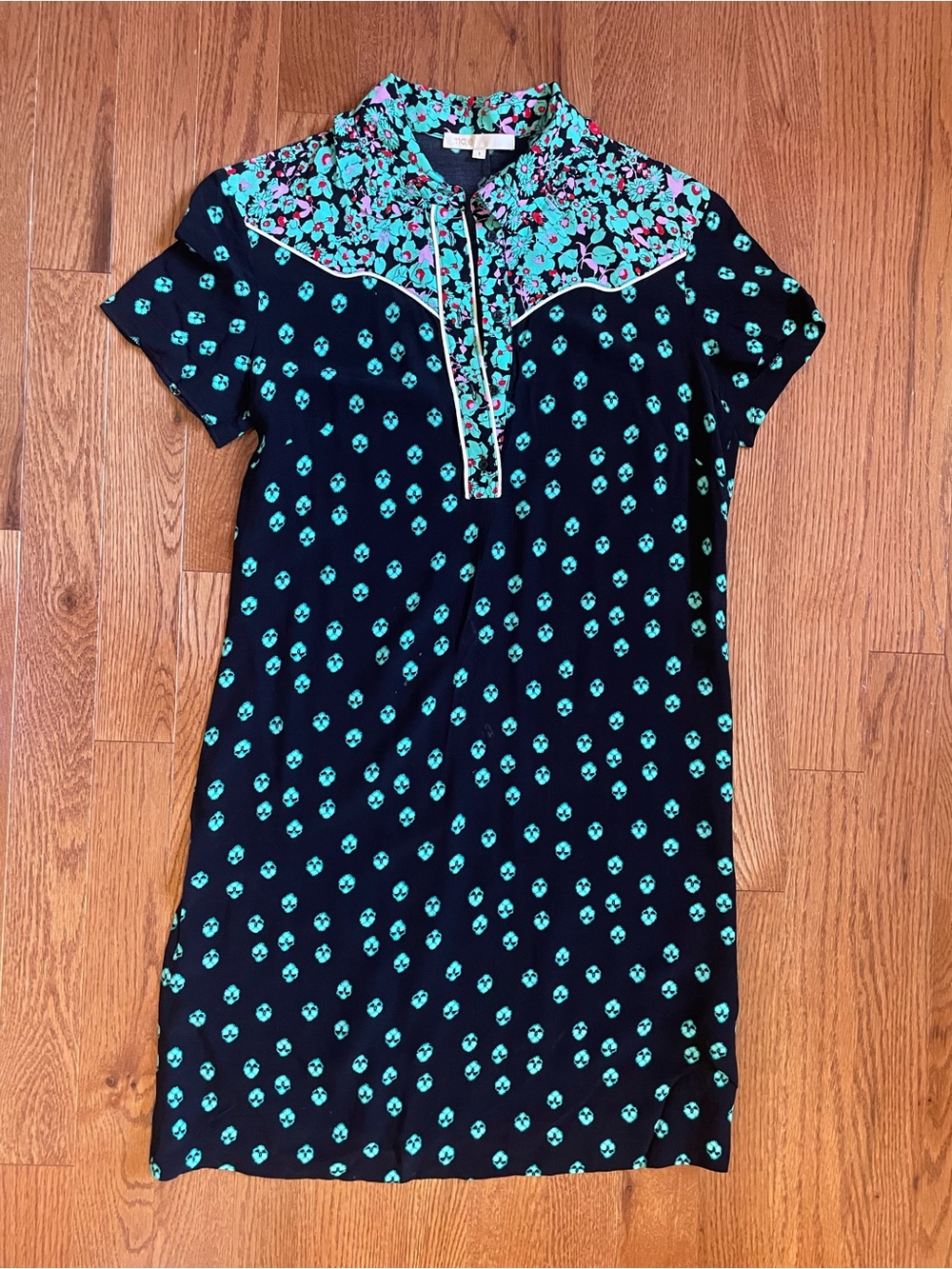 Maje Navy Shift Dress with Turquoise Floral Yoke